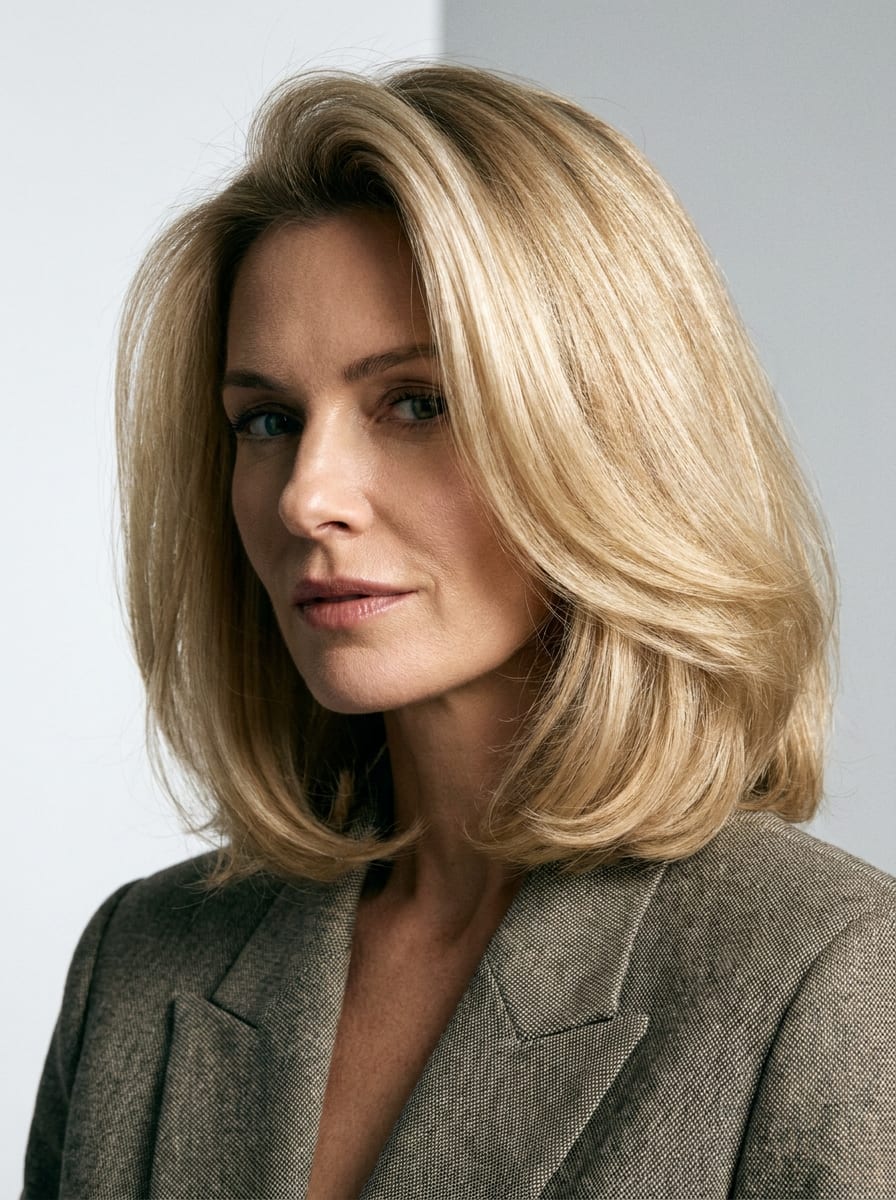 Voluminöser Lob mit Blowout-Finish - Mittellanger blonder Bob